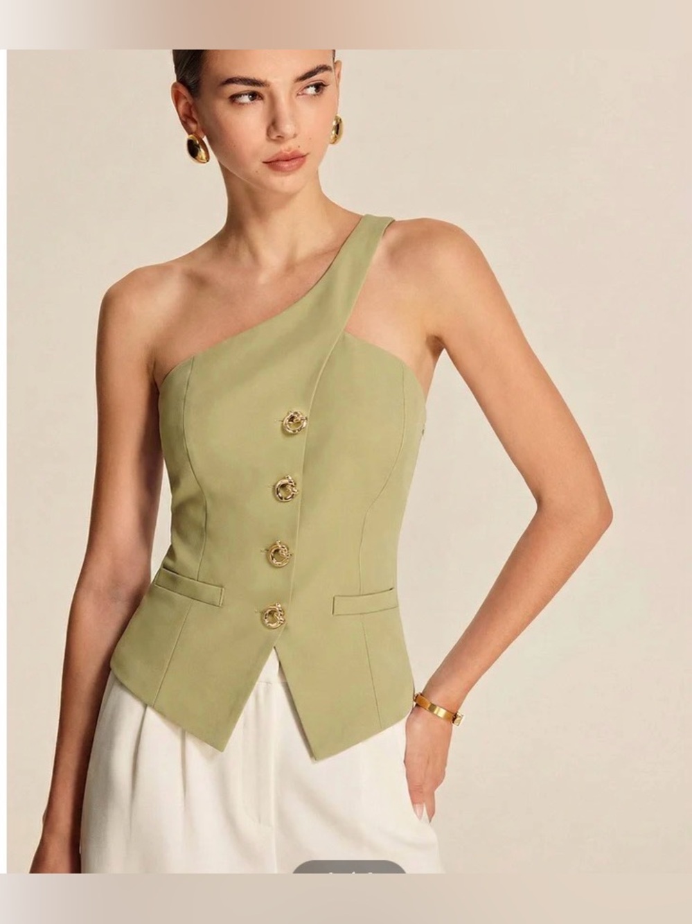 Commense One-Shoulder Button-Down Top in Sage Green with Gold Buttons